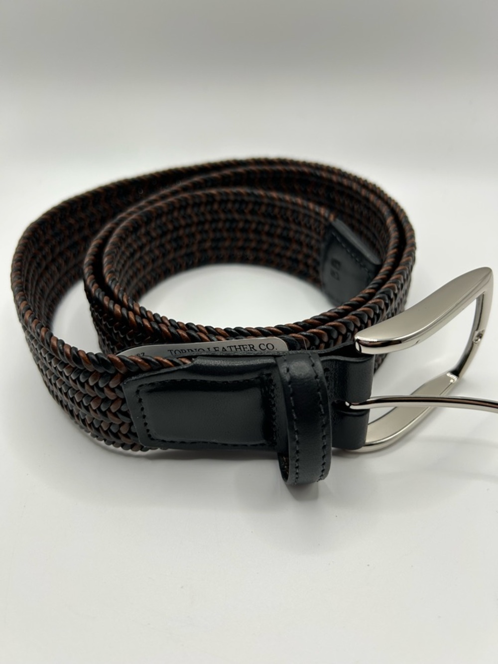 Torino leather company woven stretch belt in black and cognac NWT size 38